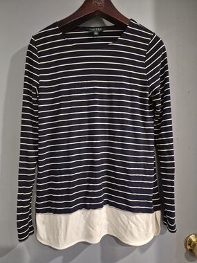 Lauren Ralph Lauren Navy and Cream Striped Layered Hem Long Sleeve Top